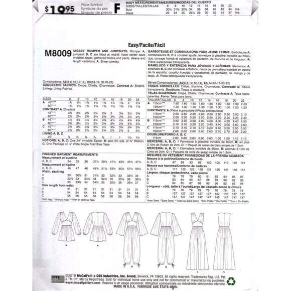 McCall's M8009 Misses 6 to 14 Jumpsuit and Rompers Uncut Sewing Pattern - Picture 2 of 2